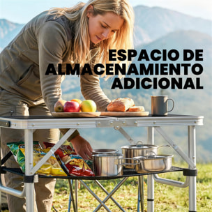 Mesa Plegable Camping, 60x40x60 cm, Mesa Plegable Portátil con Altura Ajustable en 4 Niveles, Red de Almacenamiento, Marco de Aluminio, para Acampar, Senderismo, Playa, Negro