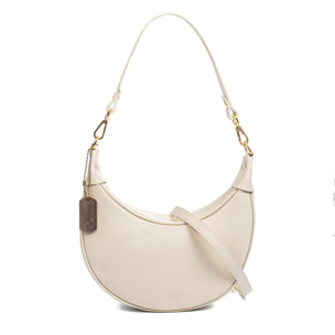 Asís bolso bandolera y mano, de piel auténtica acabado dollaro, con diseño en media luna.