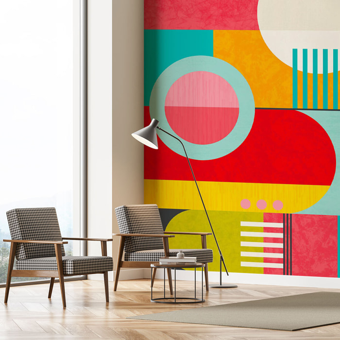 Papier peint formes géométriques rétro multicolore design abstrait Intissé