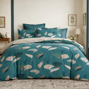 Parure housse de couette 100% coton motif feuilles de Ginkgo bleu canard et ocre - Apoline