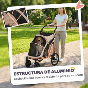 Carrito para Perros Plegable hasta 20 kg, Cochecito para Perros Medianos con Ruedas Grandes de Goma, Suspensión y Freno, Ventanas de Malla, Marco de Aluminio, Cojín, Correas, Marrón Claro