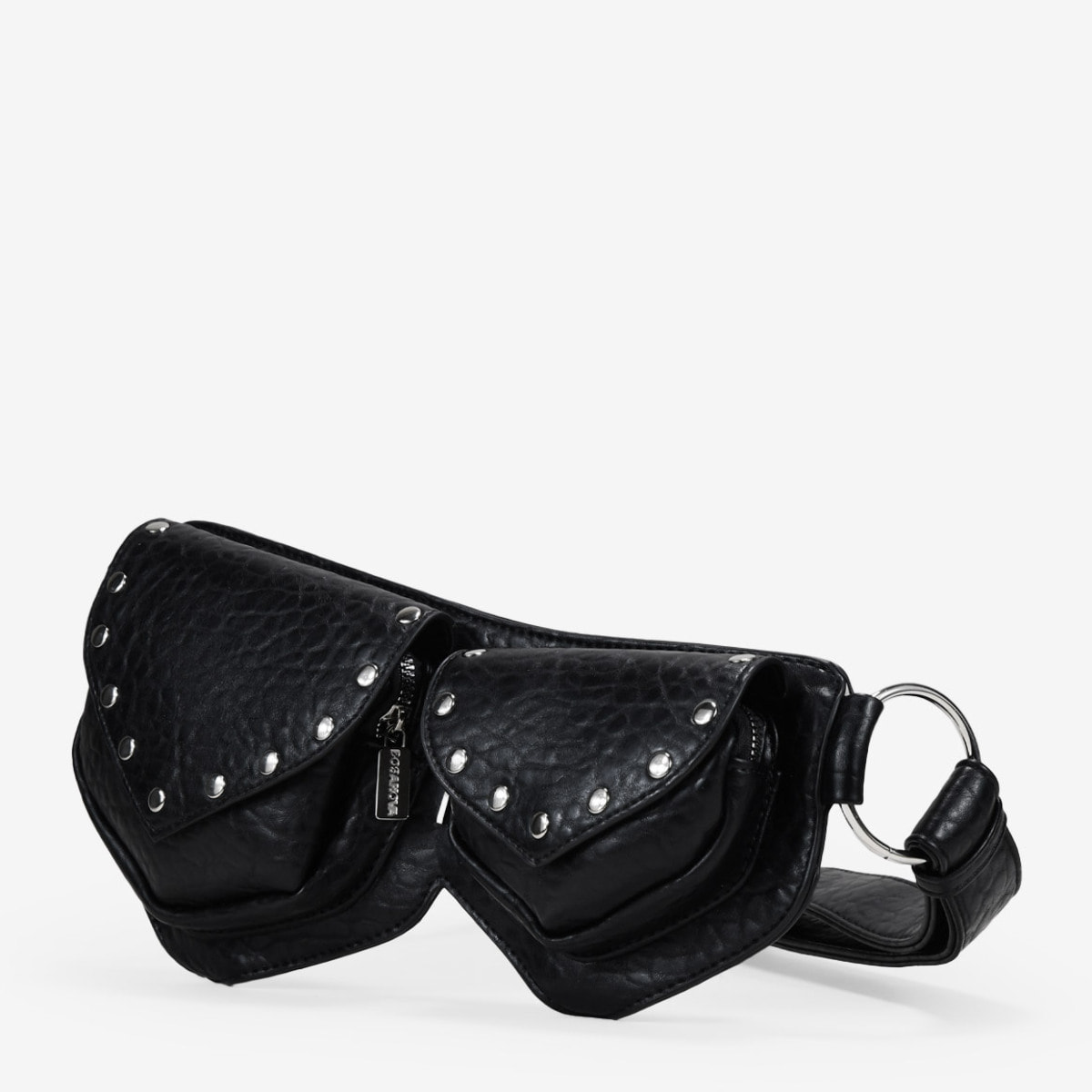 Riñonera negra con doble bolsillo y solapas