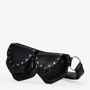 Riñonera negra con doble bolsillo y solapas