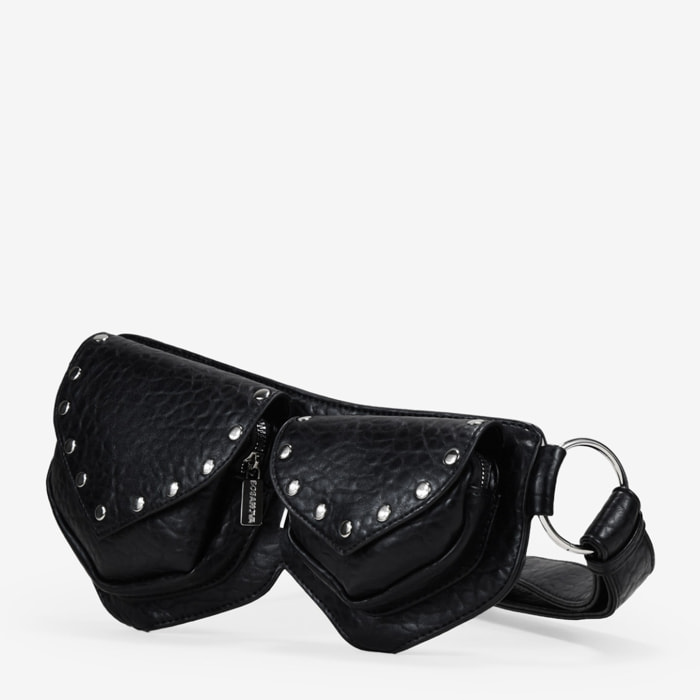 Riñonera negra con doble bolsillo y solapas