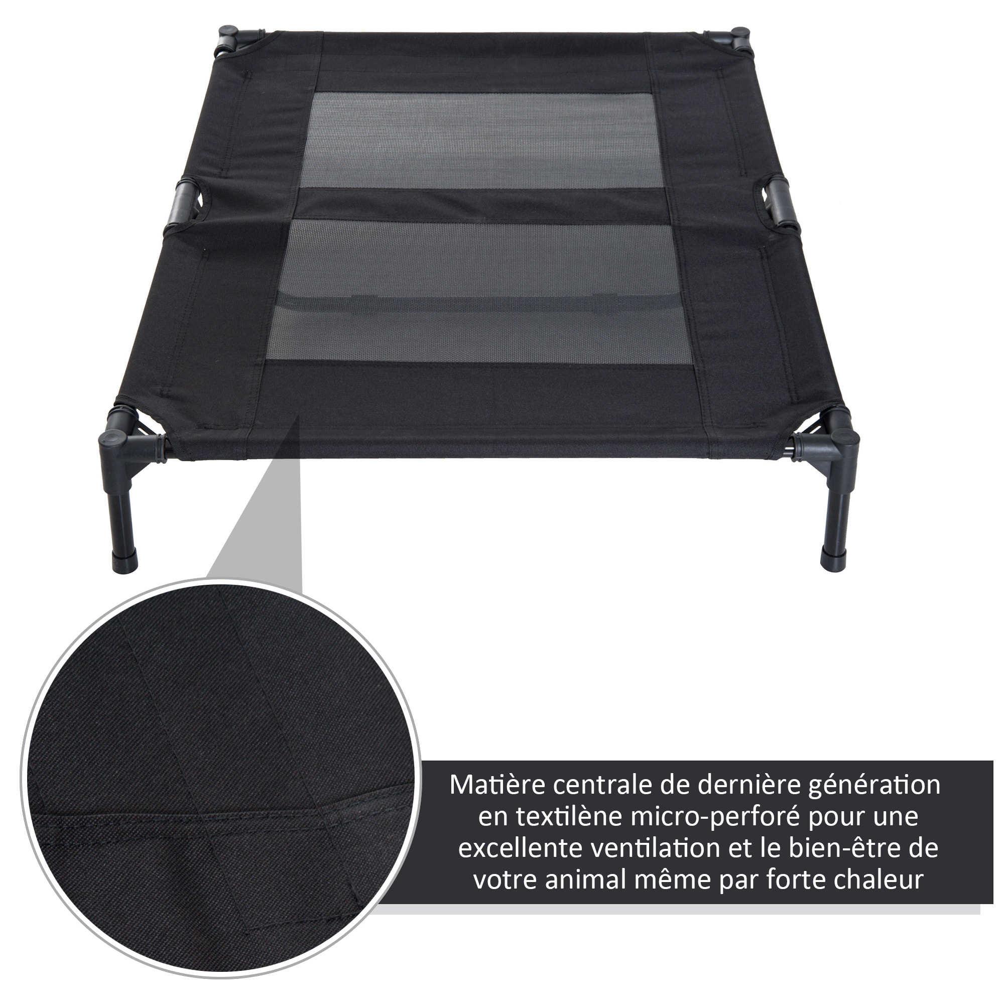 Lit sur pieds pour chien chat lit de camp animal lit surélevé Oxford textilène micro-perforé dim. 92L x 76l x 18H cm noir