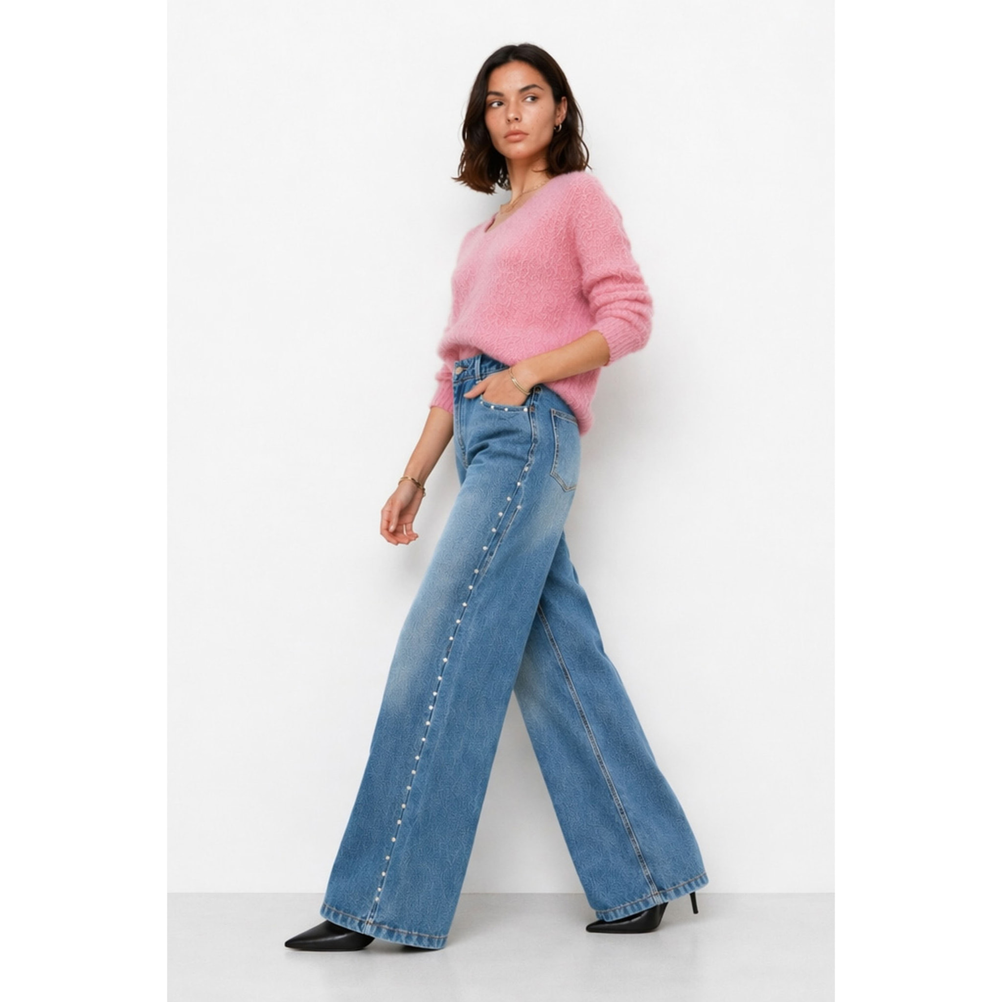 Kocca - Jeans a vita alta e gamba larga con borchie Donna