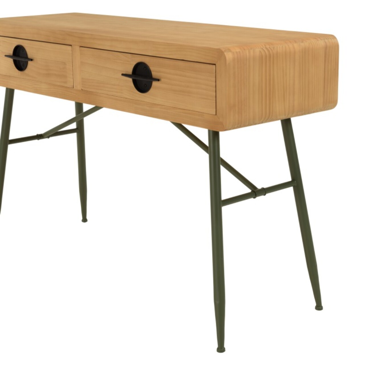HELENA - Console 2 tiroirs en pin couleur naturelle et pieds métal vert