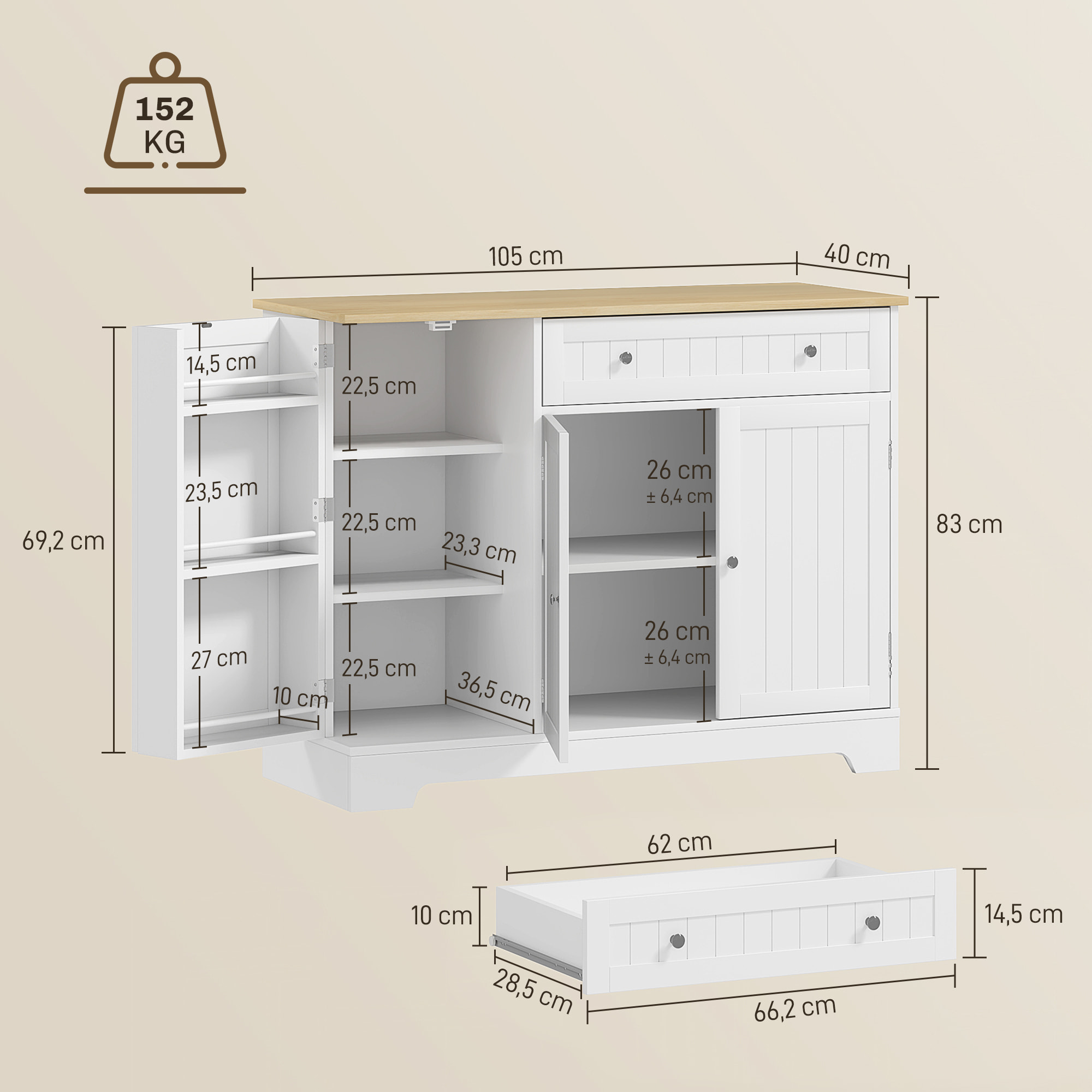 Buffet cuisine 3 portes 6 étagères tiroir coulissant dim. 105 x 40 x 83 cm effet bois blanc
