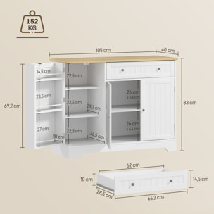 Buffet cuisine 3 portes 6 étagères tiroir coulissant dim. 105 x 40 x 83 cm effet bois blanc