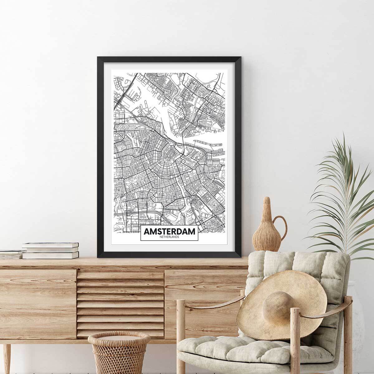 Affiche graphique amsterdam netherlands Affiche + cadre en bois - Noir