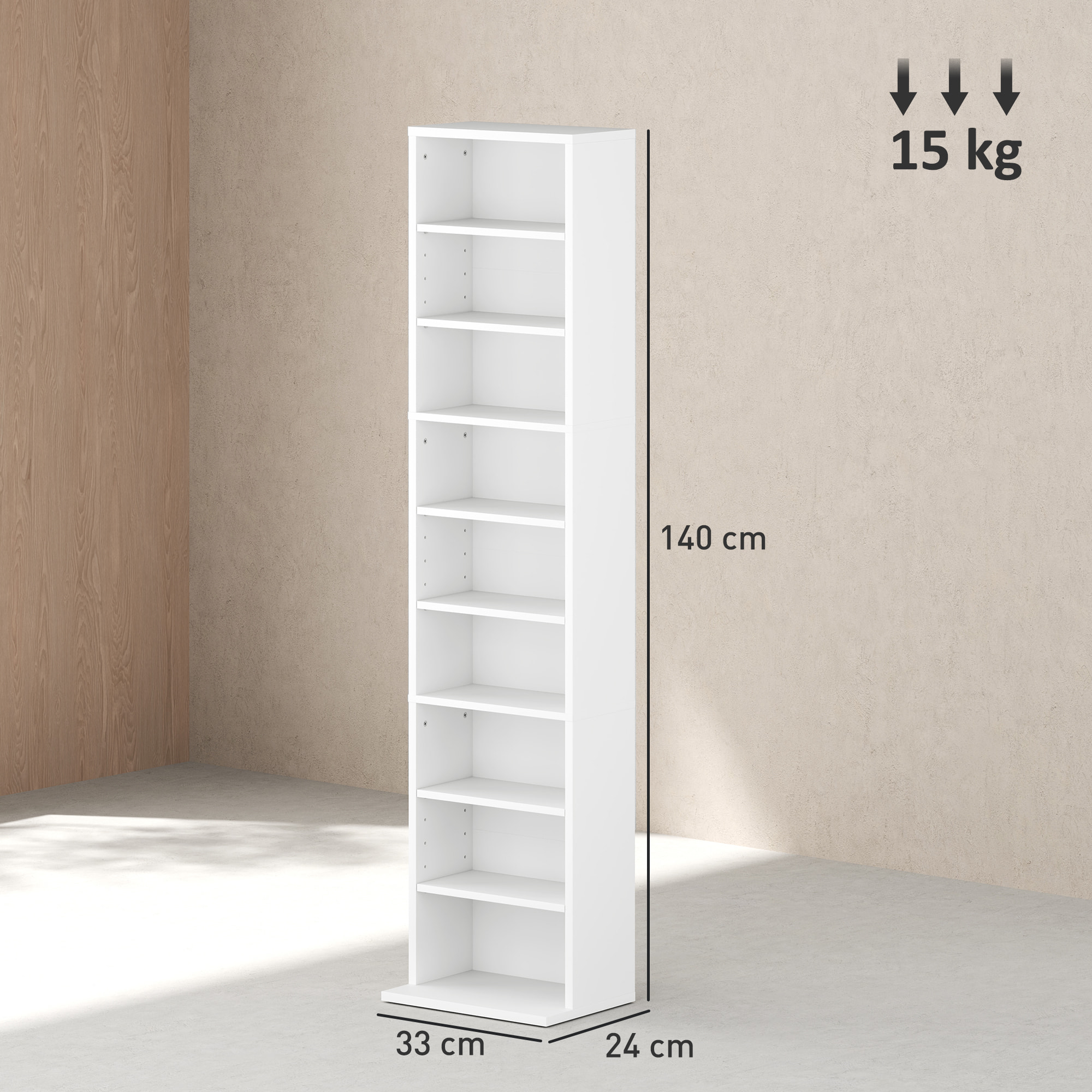 Estantería para CDs y DVDs Soportes para CD Estrechos con 9 Compartimentos Estantes Ajustables para Salón Oficina 33x24x140 cm Blanco