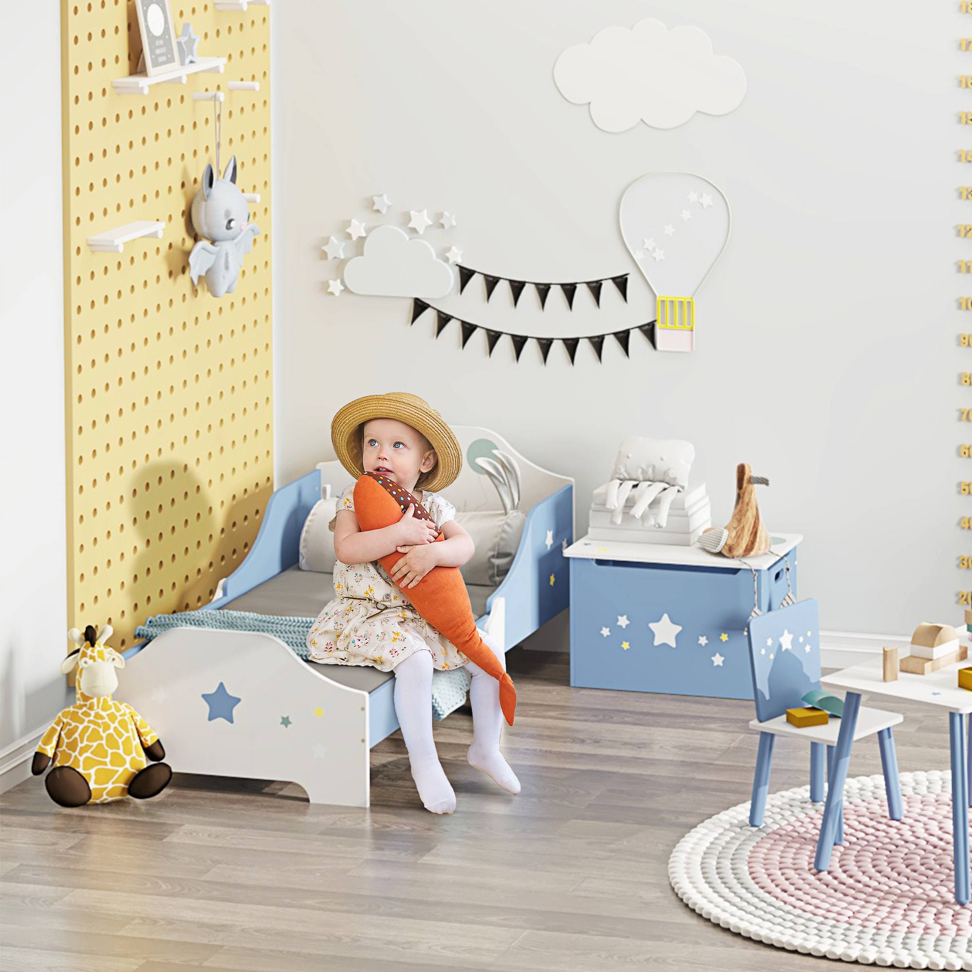 Cama para Niños de +3 Años 143x74x59 cm Cama Infantil de Madera con Estampado con Estrellas Carga 50 kg para Dormitorio Azul y Blanco