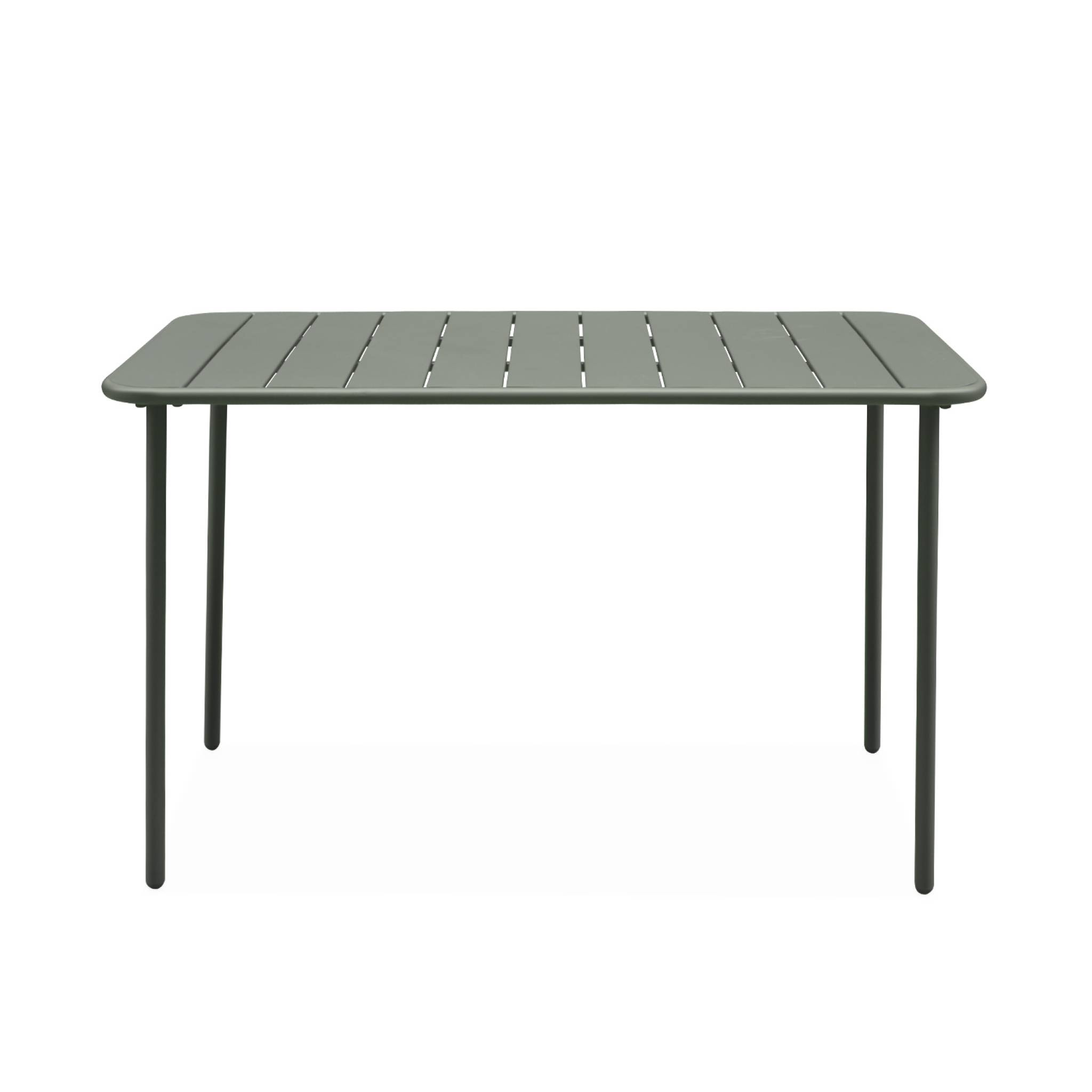 Table de jardin métal 4 places. kaki. Amelia. 120x70cm. traitement antirouille. lattes et bords arrondis