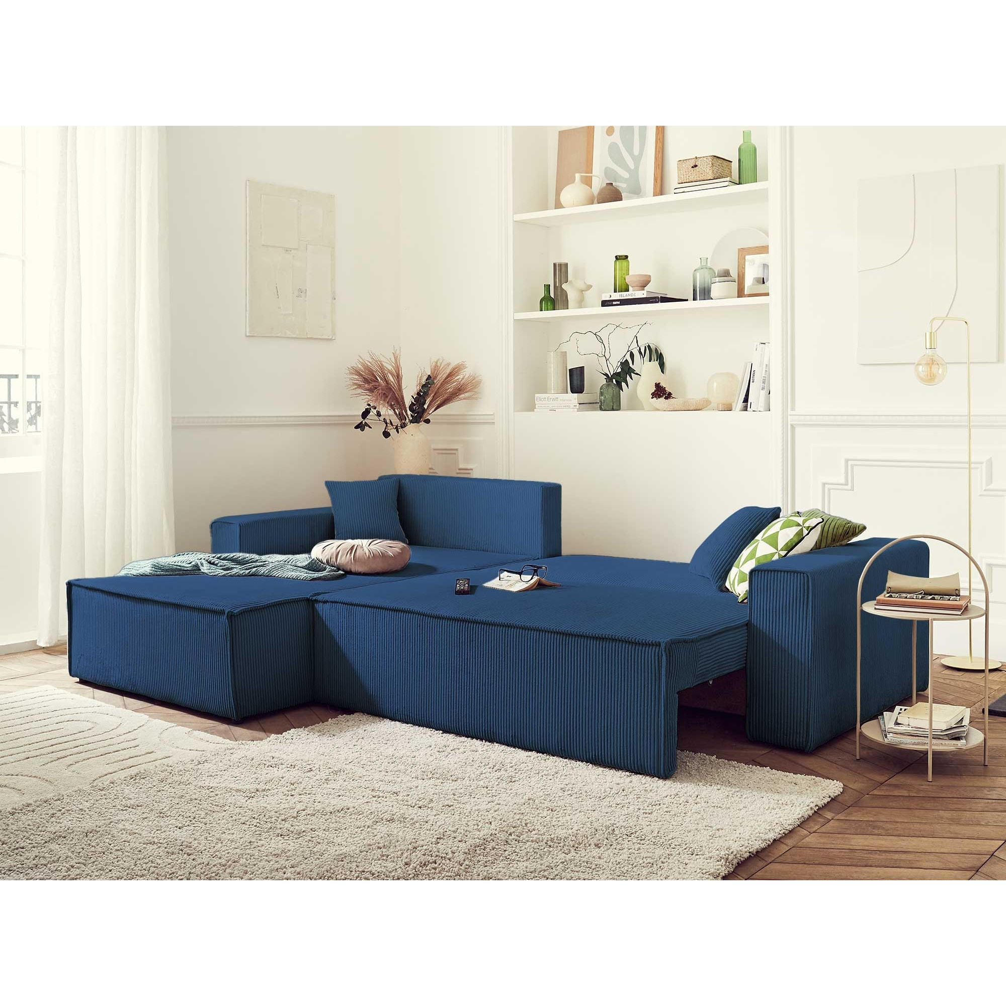 Dellia - canapé d'angle réversible convertible - avec coffre - en velours côtelé - 4 places - Bleu Ardoise
