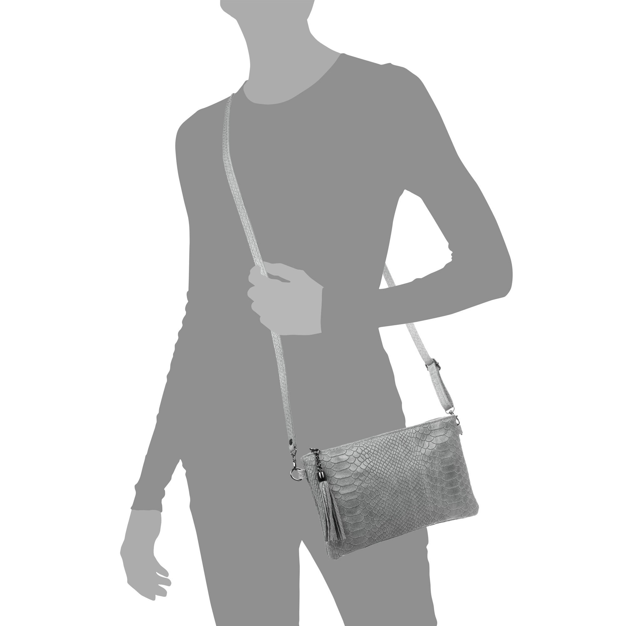 FIRENZE ARTEGIANI Borsa a Spalla da Donna Oleggio. Vera Pelle Scamosciata Incisione Serpente Made in Italy 23x4x15 Cm. Grigio