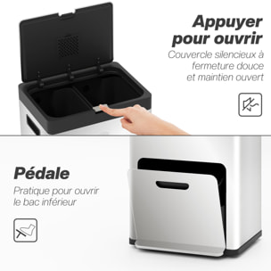Poubelle de cuisine 2 x 18L + 20L - poubelle à pédale 3 compartiments seaux amovibles filtre anti-odeur - acier inox. brossé