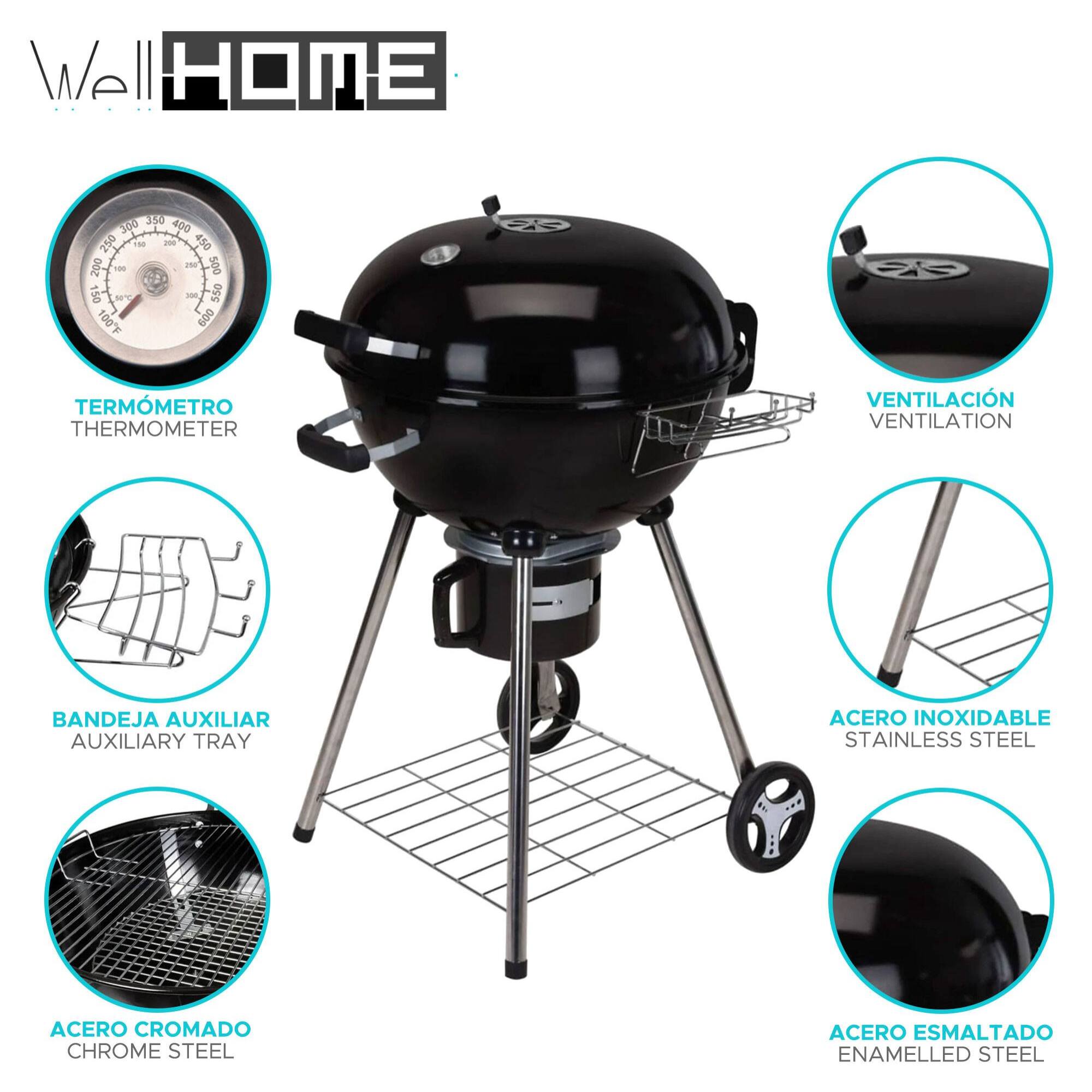 Well home - barbacoa de carbón h.99cm en 4 patas y ruedas