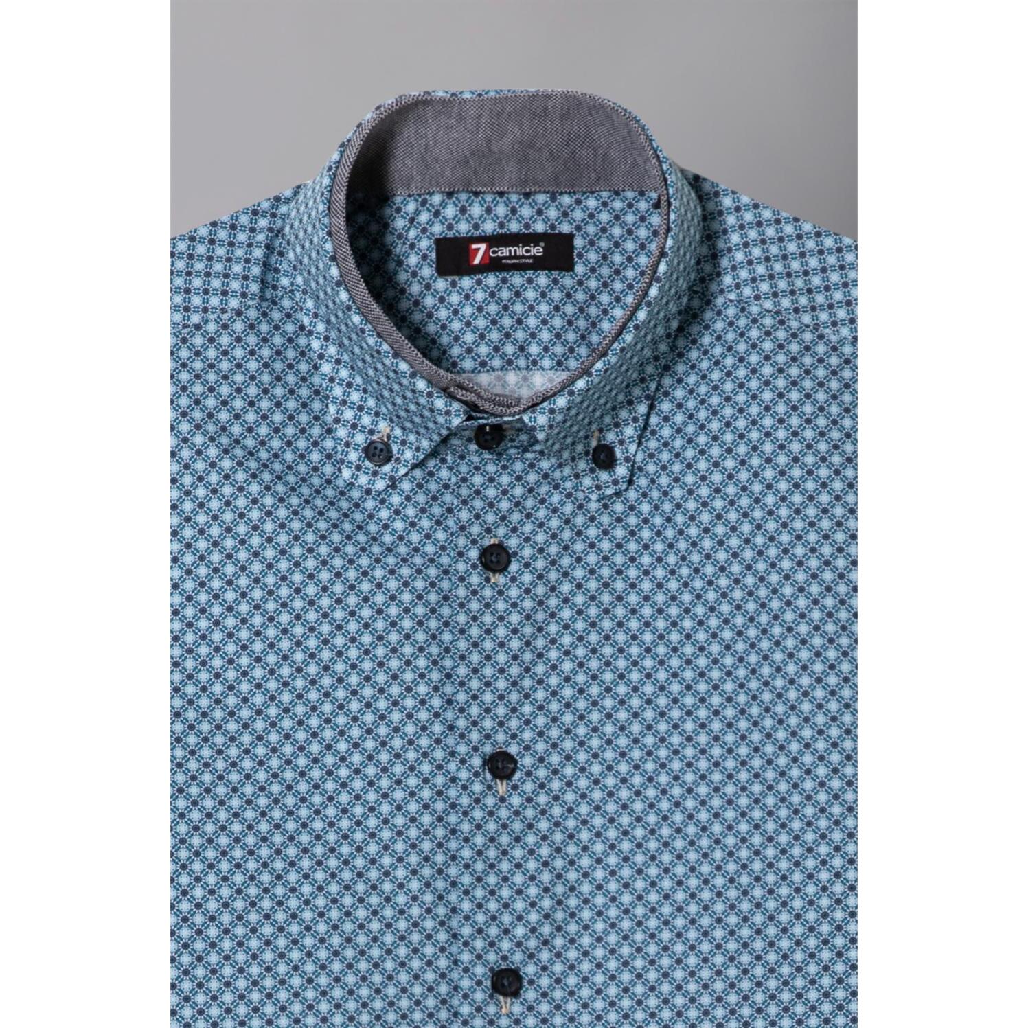 Camicia Uomo 2bottoni Button Down Doppio Collo Slim Popeline Stampato ottanio e blu