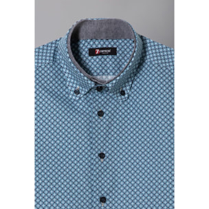 Camicia Uomo 2bottoni Button Down Doppio Collo Slim Popeline Stampato ottanio e blu