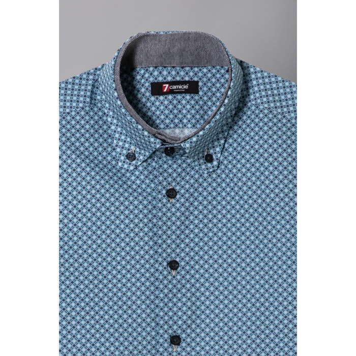 Camicia Uomo 2bottoni Button Down Doppio Collo Slim Popeline Stampato ottanio e blu