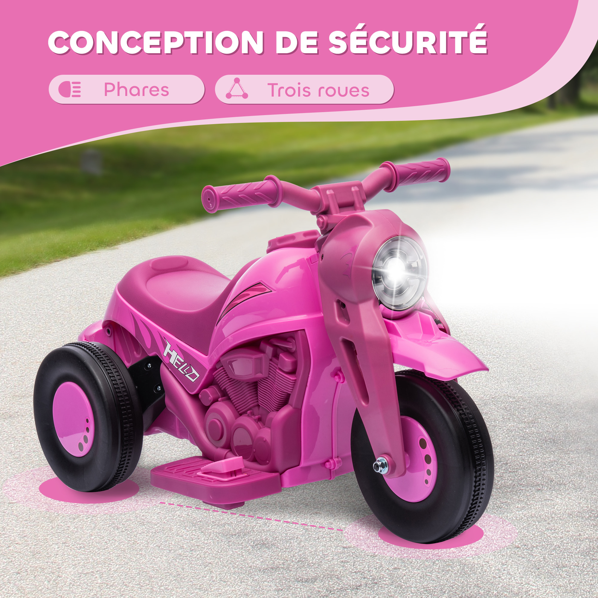 Moto électrique enfant chopper 6V env. 3Km/h 3 roues effets lumineux sonores fonction bulles rose