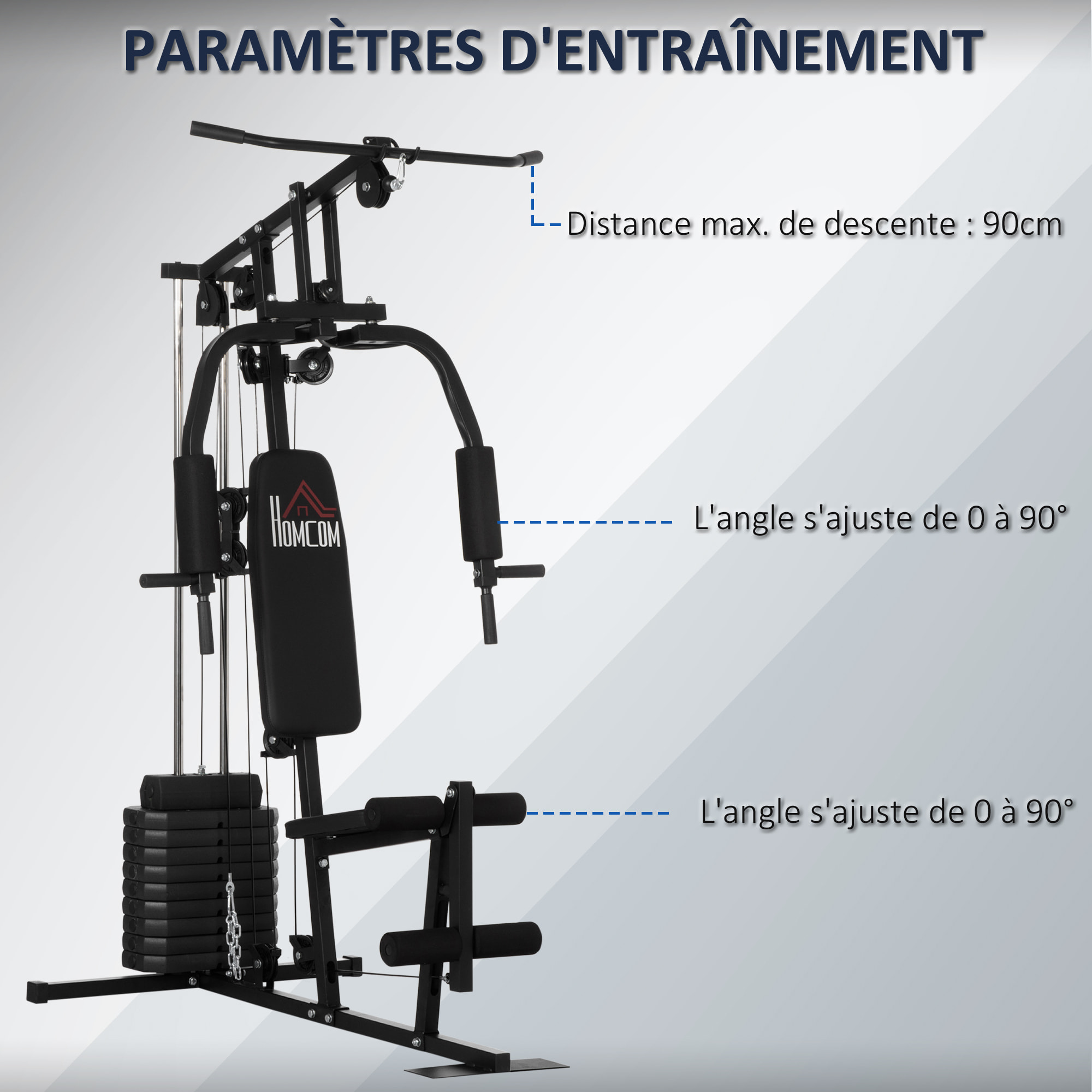 Station de musculation - entrainement complet - développé couché, butterfly, barre latissimus, curler - 9 contrepoids - acier noir