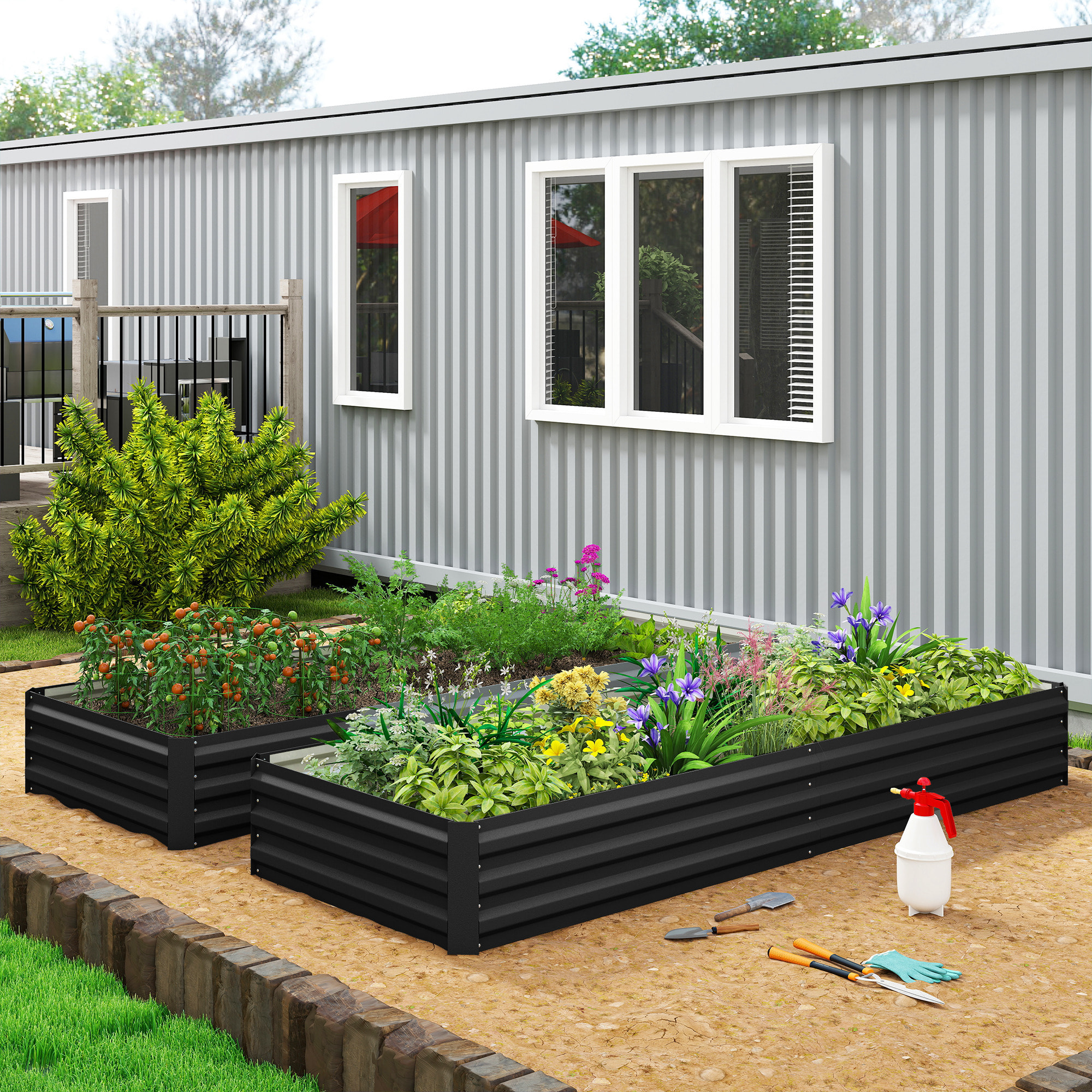 Carré potager de jardin dim. 241L x 90l x 30H cm tôle d'acier ondulée noir