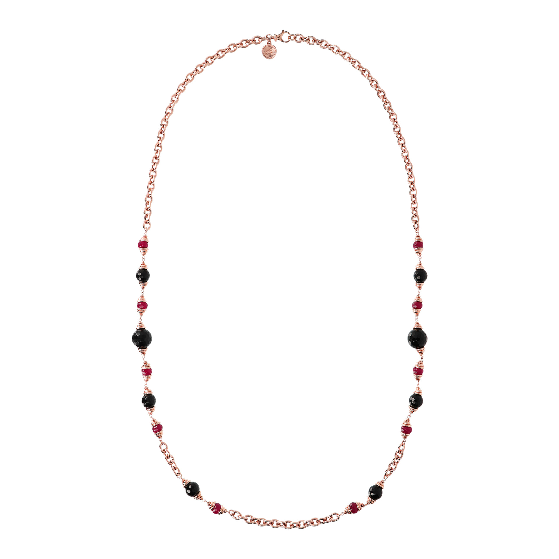 Collana Lunga Catena Rolo con Onice Nero e Quarzo Rosso