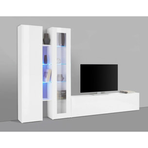 Parete attrezzata Dimitri, Set salotto porta TV a 3 ante, Mobile soggiorno multiuso con vetrina e luce LED, 100% Made in Italy, cm 280x30h180, Bianco lucido