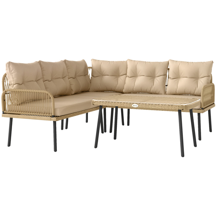 Conjunto de Jardín Exterior de Ratán Sintético de 4 Piezas Muebles de Jardín Exterior en Forma de L Incluye 2 Sofás de 2 Plazas 1 Sillón Esquinero 1 Mesa de Centro con Cojines Natural