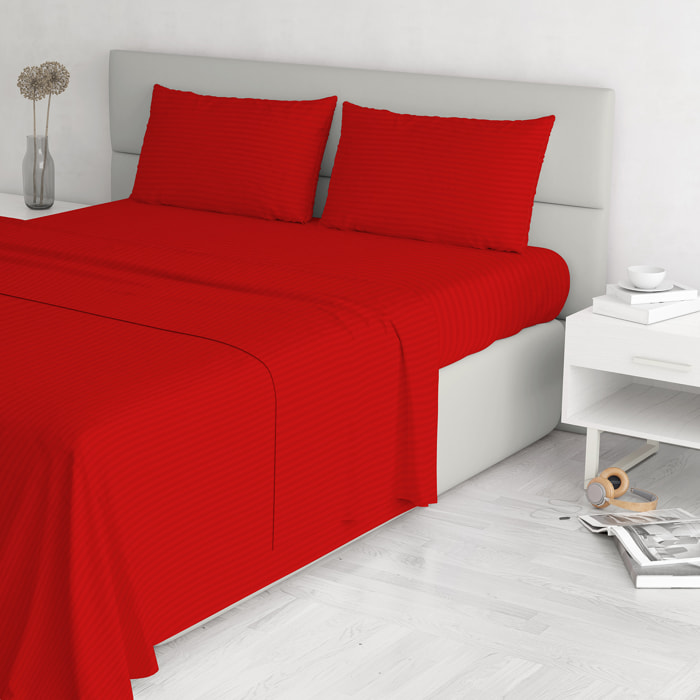 COMPLETO LETTO SATIN STRIPES, 100% Raso di Poliestere, Tinta Unita, Made in Italy - ROSSO