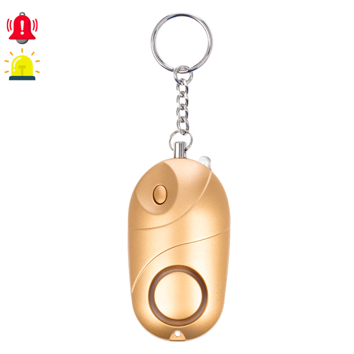 Allarme SOS personale con luce LED brillante e suono di 130dB. 3 batterie LR44 incluse e attivazione rapida tirando l'anello.