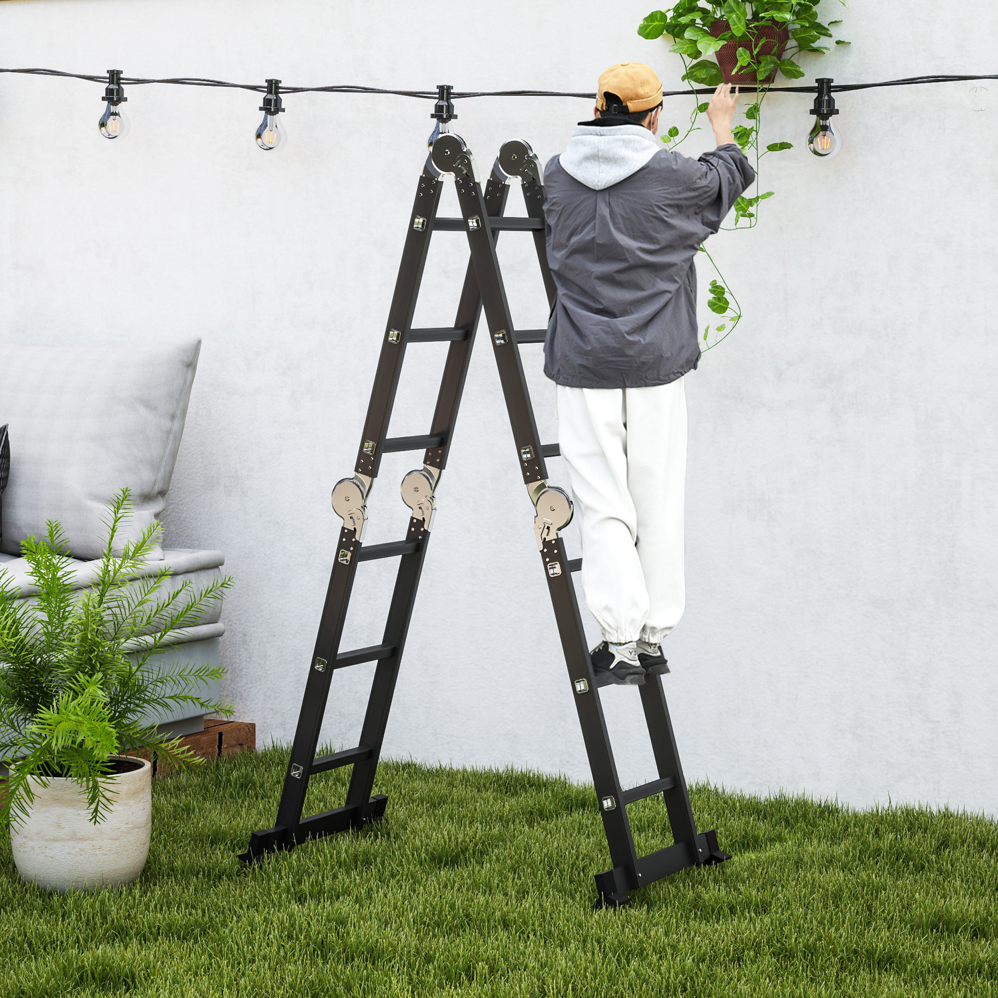 Escalera Multiusos Plegable Escalón Caballete 5 en 1 Portátil con 2 Placas de Plataforma Pie Antideslizante 6 Interruptores Bisagra Aluminio 150 kg 370x61x11 cm Negro