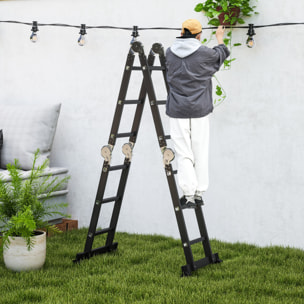 Escalera Multiusos Plegable Escalón Caballete 5 en 1 Portátil con 2 Placas de Plataforma Pie Antideslizante 6 Interruptores Bisagra Aluminio 150 kg 370x61x11 cm Negro