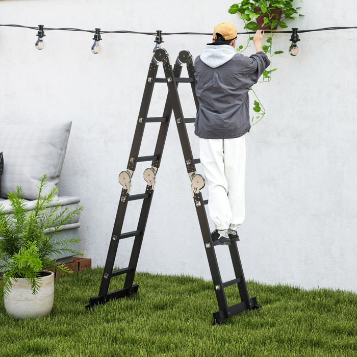 Escalera Multiusos Plegable Escalón Caballete 5 en 1 Portátil con 2 Placas de Plataforma Pie Antideslizante 6 Interruptores Bisagra Aluminio 150 kg 370x61x11 cm Negro