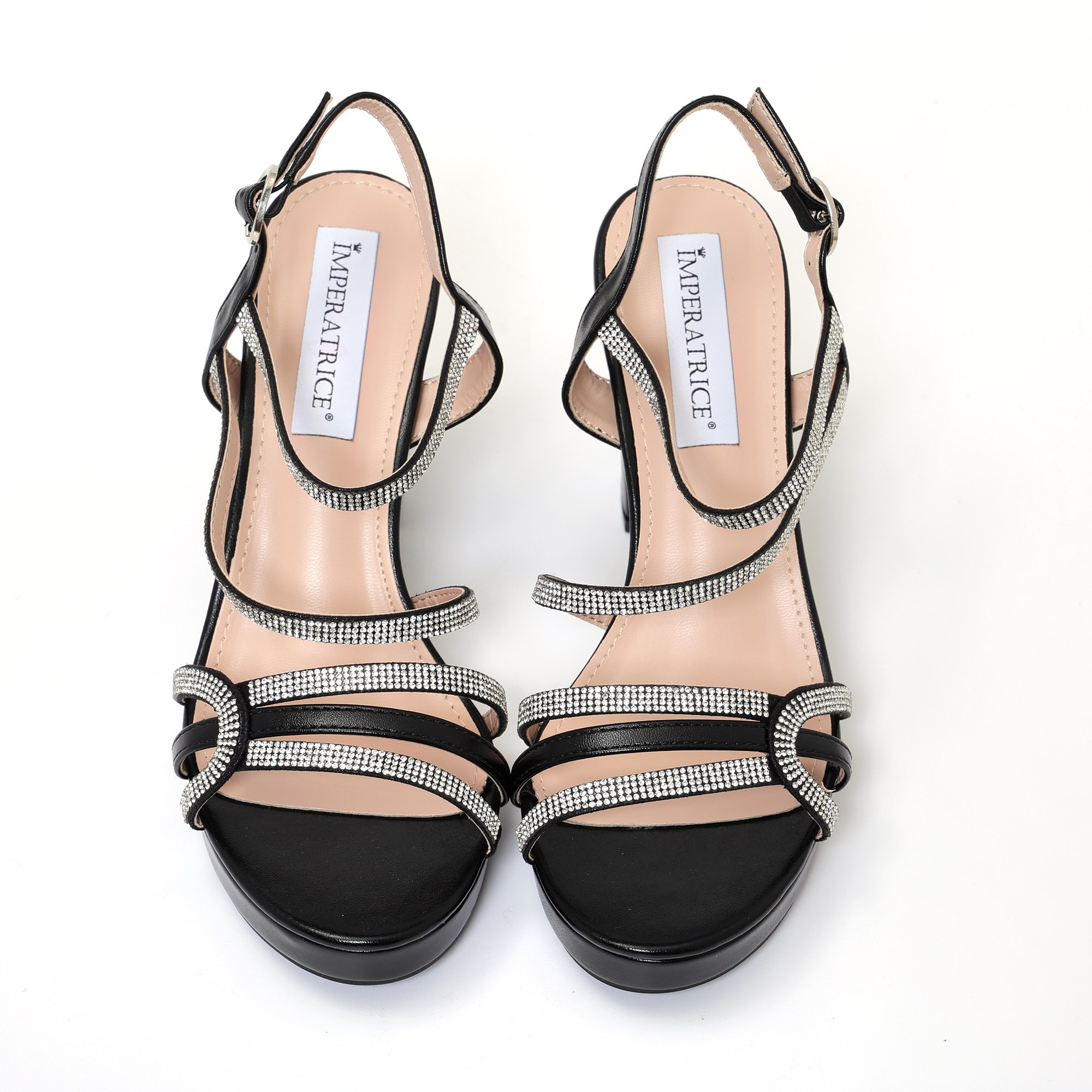 Sandali in simil pelle con tacco alto comodo e fasce ricoperte di strass