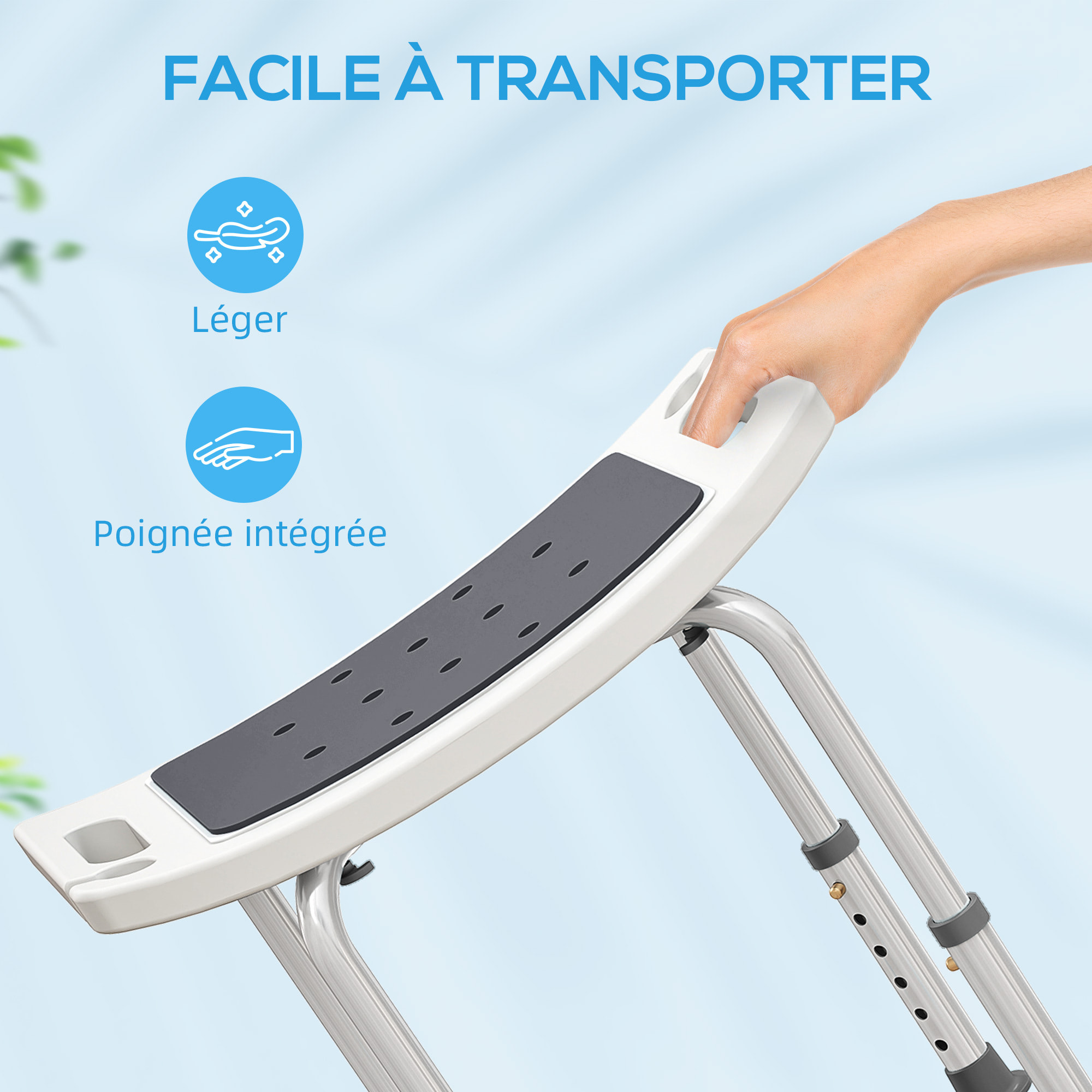 Siège de douche réglable en hauteur tabouret de douche ergonomique pieds antidérapants charge max. 135 Kg alu HDPE blanc gris