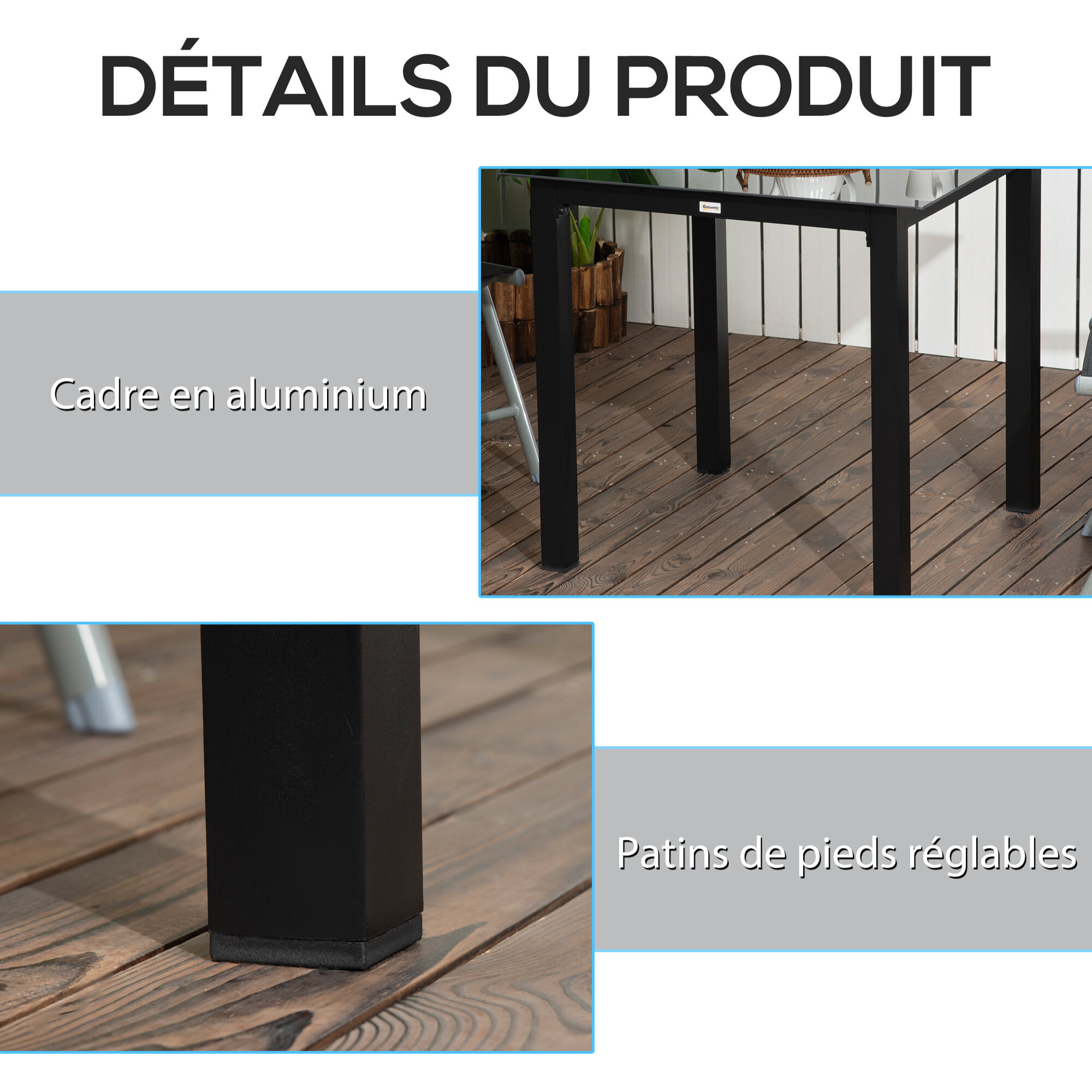 Table de jardin carrée 4 personnes dim. 80L x 80l x 74H cm alu. plateau verre trempé noir