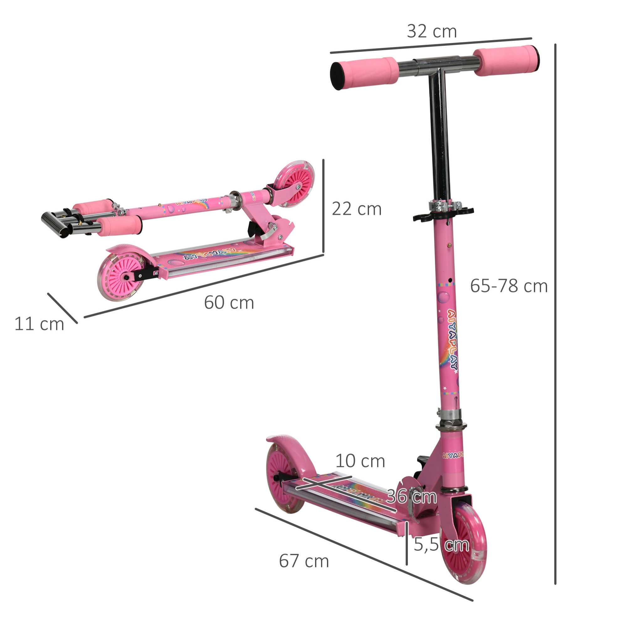 Trottinette pliable enfant à partir de 3 ans roues repose-pied LED frein à friction arrière hauteur guidon réglable 4 niv. métal rose