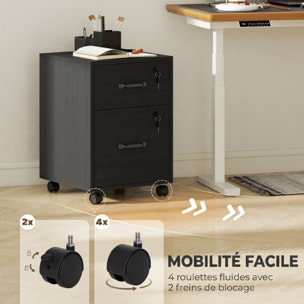 Caisson bureau verrouillable mobile 2 tiroirs coulissants trieur dossiers effet bois noir