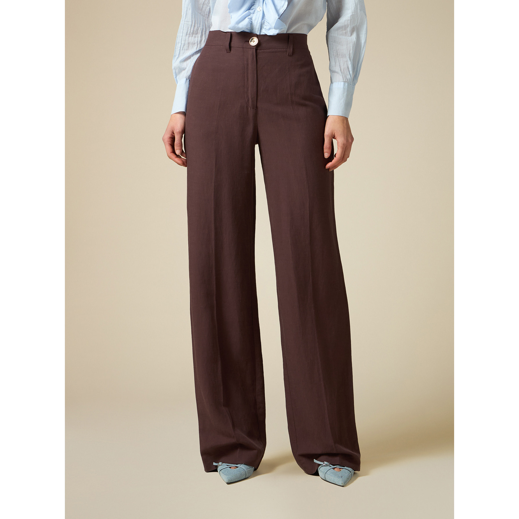 Oltre - Pantaloni wide leg misto lino - Marrone