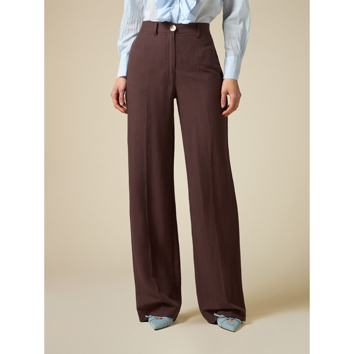 Oltre - Pantaloni wide leg misto lino - Marrone