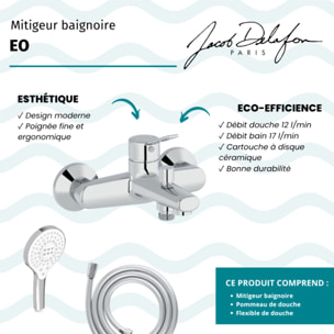 Mitigeur baignoire Eo + pommeau de douche Metro signature + flexible de douche lisse