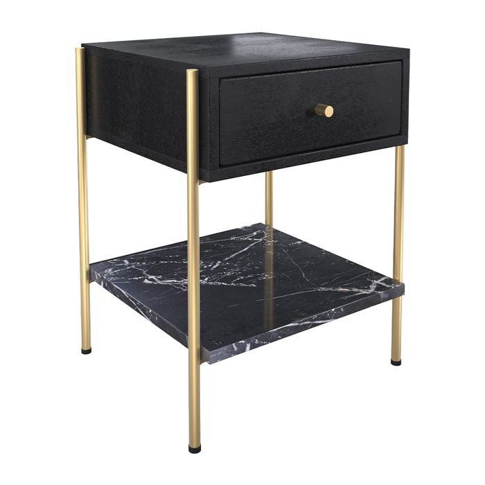 Table de chevet 1 tiroir en bois noir et métal doré - Doori
