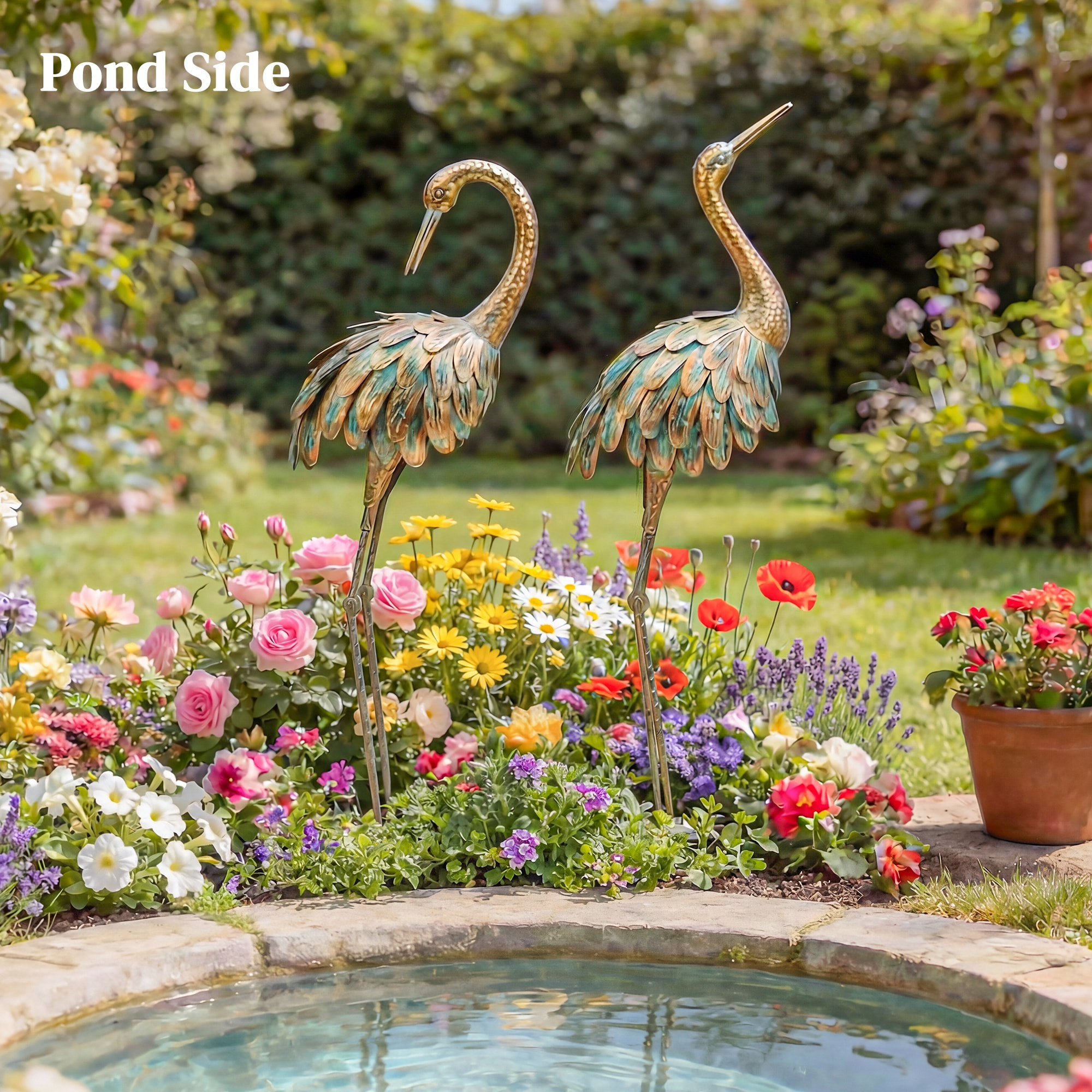 Lot de 2 statues de jardin héron - décoration de jardin - métal doré effet vieilli