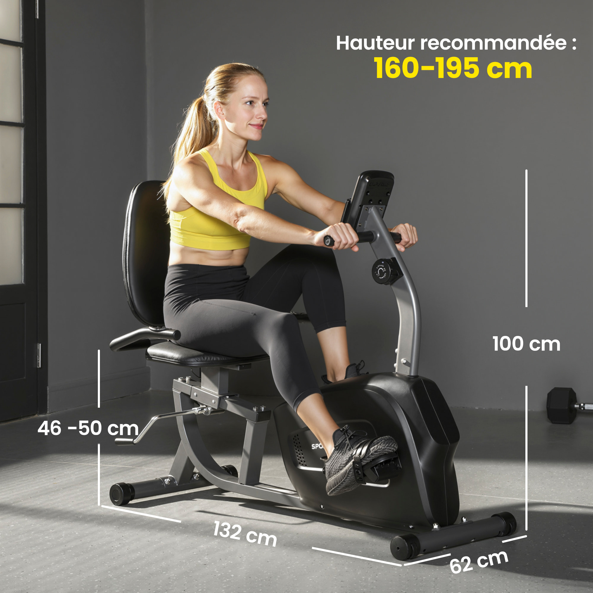 Vélo d'appartement semi-allongé réglable écran LCD multifonction noir