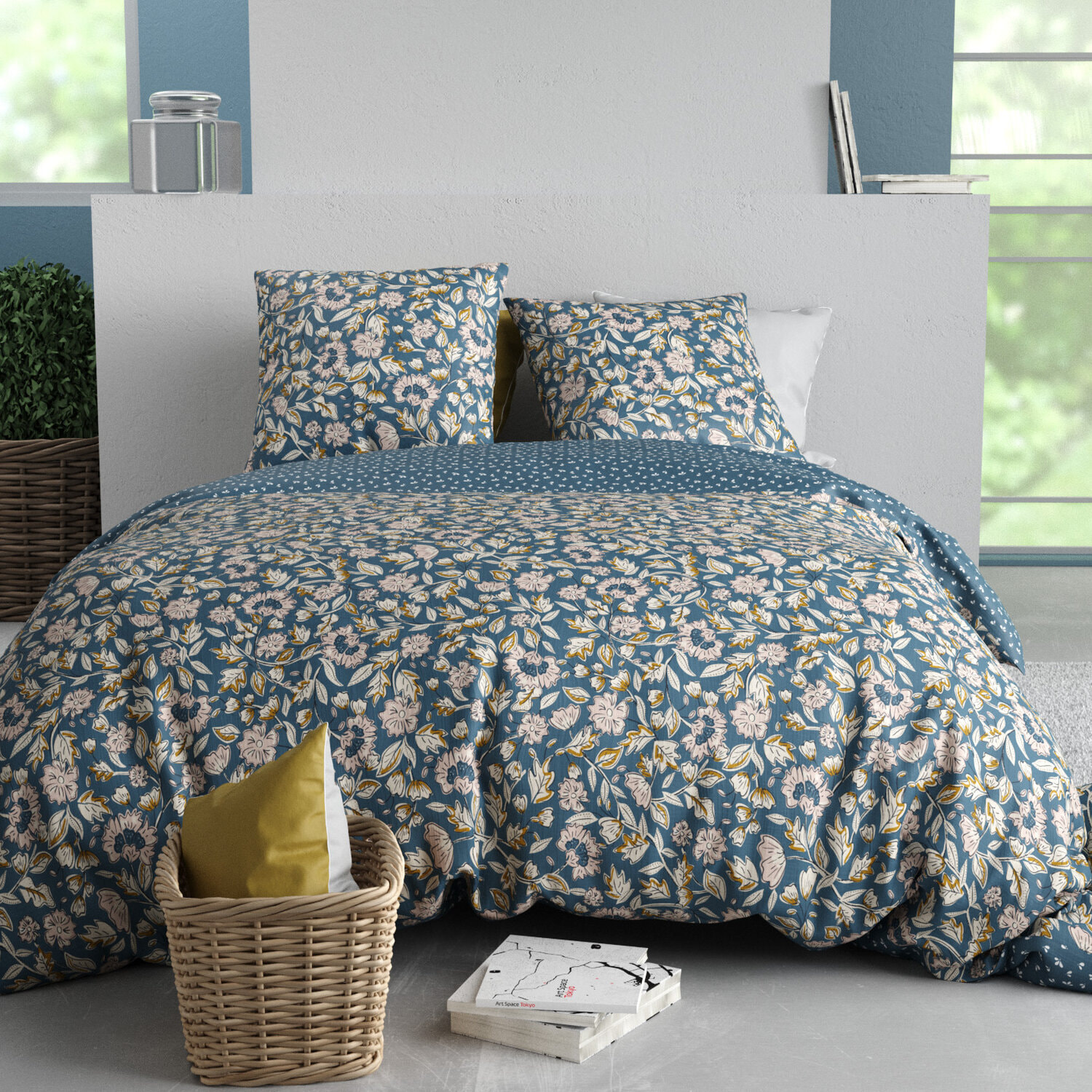 Parure housse de couette imprimé 100% percale de coton - frida - rose