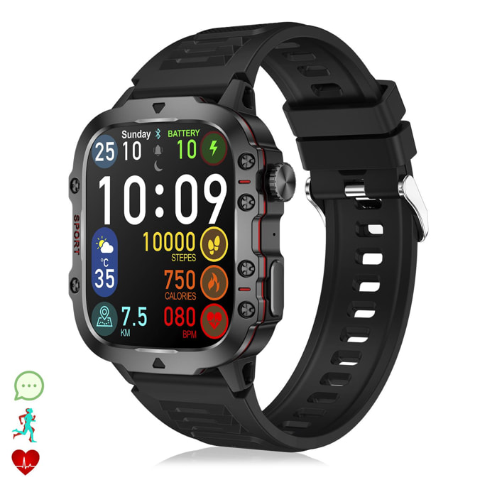 DAM Smartwatch QX11 outdoor. Llamadas Bluetooth, notificaciones push, más de 100 modos deportivos. Monitor cardiaco y O2. 5x1,2x4,3 Cm. Color: Negro