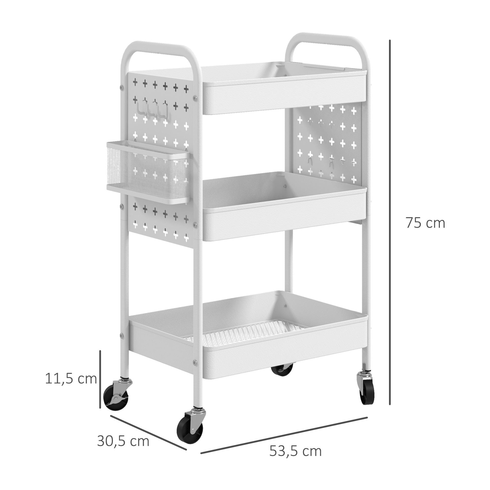 Carrito Auxiliar con Ruedas de Acero Carrito de Almacenamiento con 3 Cestas 2 Cajas Colgantes y 6 Ganchos para Salón Cocina Baño 53,5x30,5x75 cm Blanco