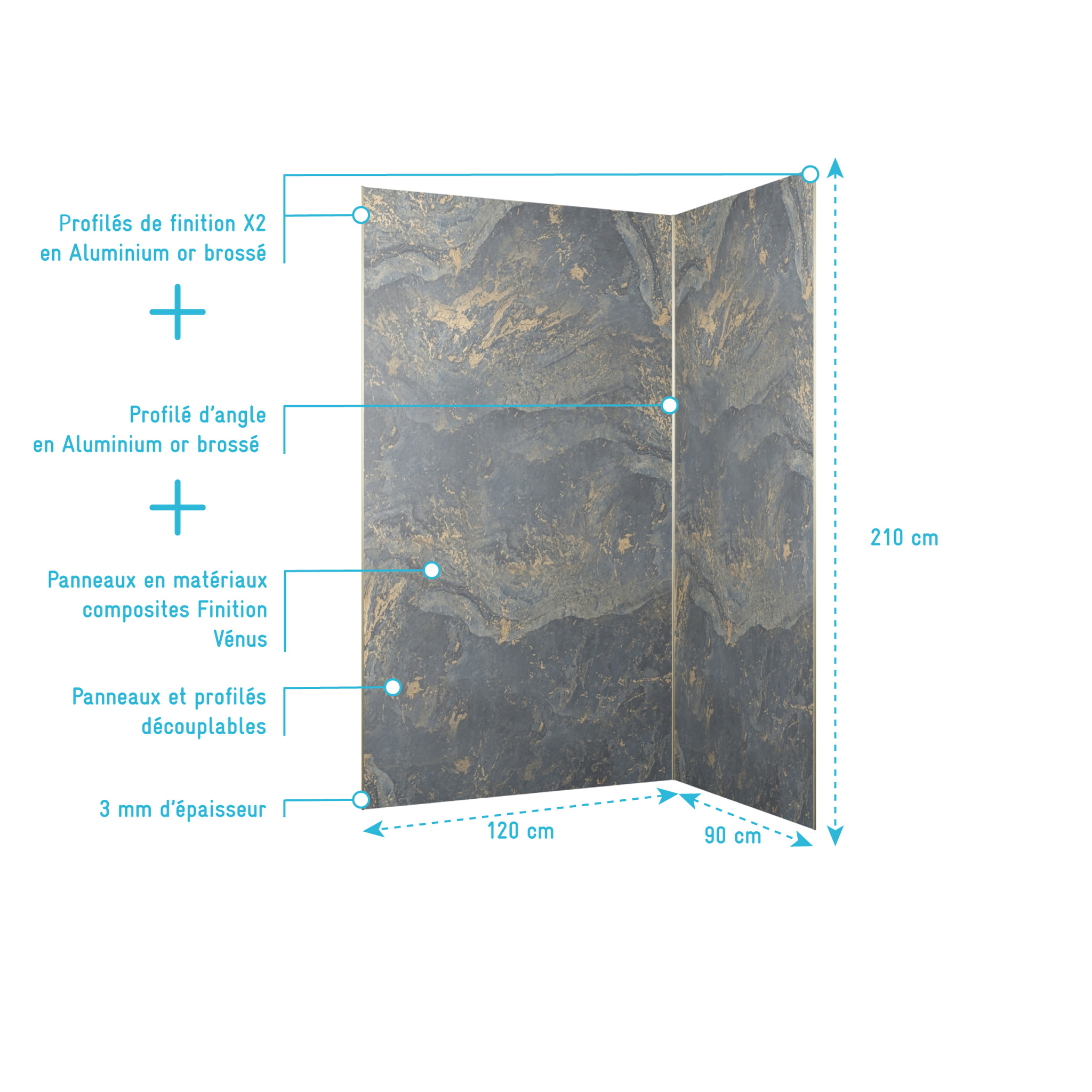 Pack 2 Panneaux Muraux en Pierre Venus 120+90x210 cm + Profilés Or Doré Brossé